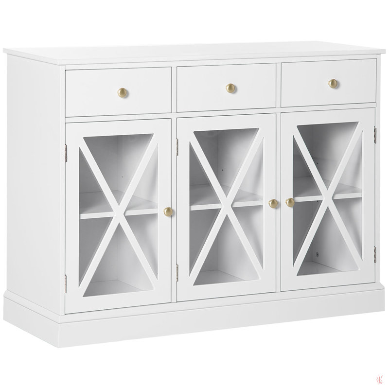 Buffet Farmhouse, crédence, armoire à café avec portes en verre et 3 tiroirs