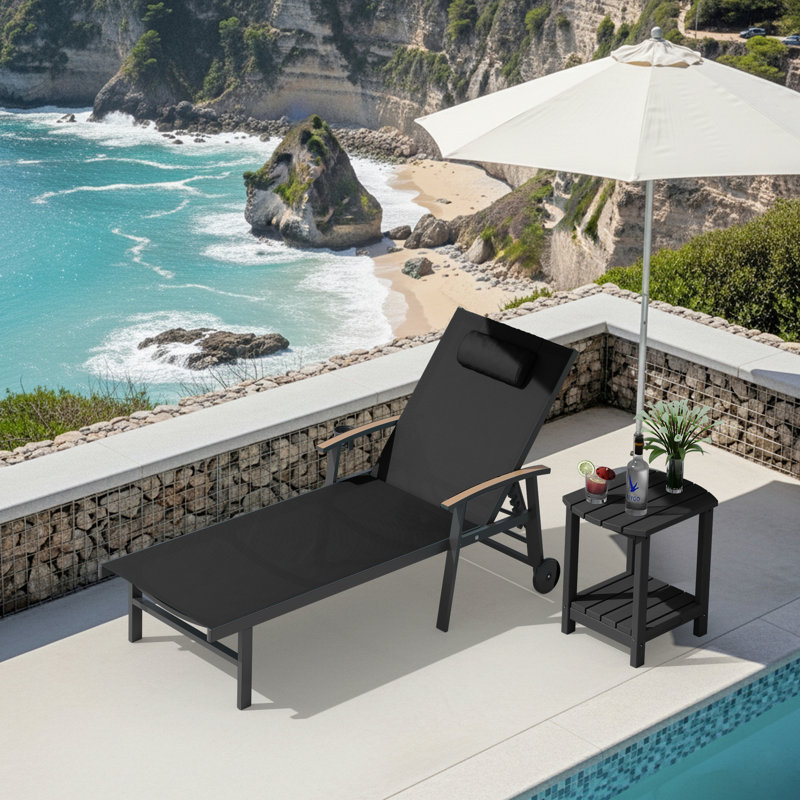 Outdoor Patio Adjustale Chaise Lounge Chair With Wheels And Armrests, Black