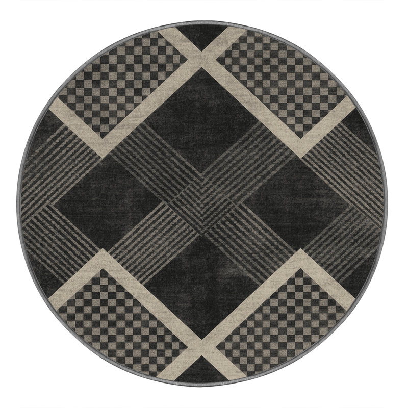 Tapis damier art déco lavable à la machine en brun - reliure grise Parkchester, Rond 8 pi