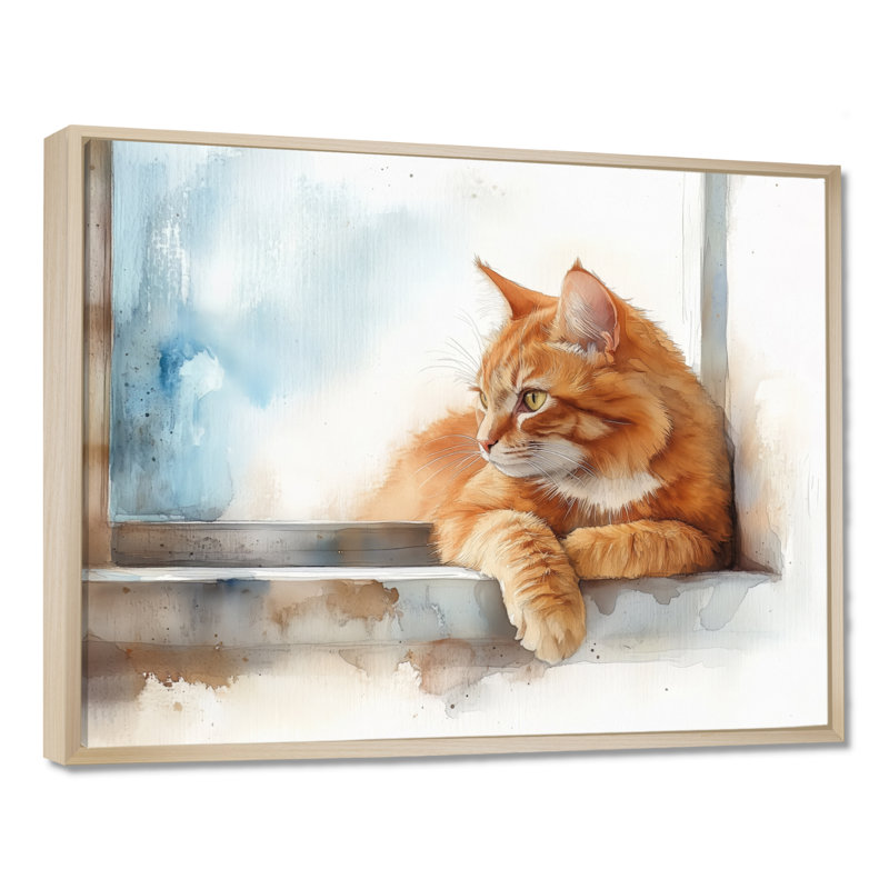 Une fenêtre chaleureuse - Affiche murale Chat orange près de la fenêtre, H 34 po x l 44 po, Cadre naturel flottant
