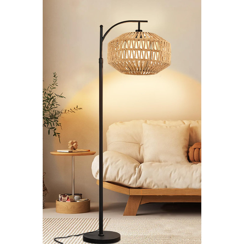 Boho 72'' Black Iron and Rattan Floor Lamp with Adjustable Height