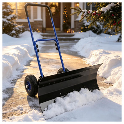 Blue 29-Inch Wheeled Snow Pusher with Multi-Angle Metal Blade for Driveway Clearing