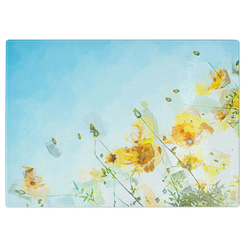 Tempered Glass Yellow Flowers in Abstract Chopping Board, 28.5 cm W x 20 cm L