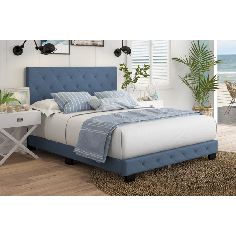Full Blue Linen Upholstered Platform Bed with Tufted Headboard