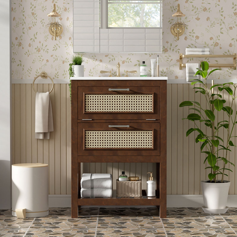 Meuble-lavabo de 24 po avec lavabo intégré en céramique, meuble-lavabo à 1 tiroir profond, 1 tiroir basculant et meuble-lavabo simple pour les petites et moyennes toilettes