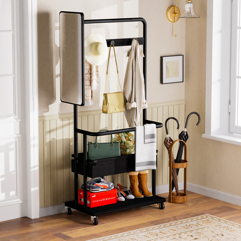Portant à vêtements roulant 3 en 1 en métal avec miroir latéral et panier de rangement, tablette à chaussures intégrée, noir