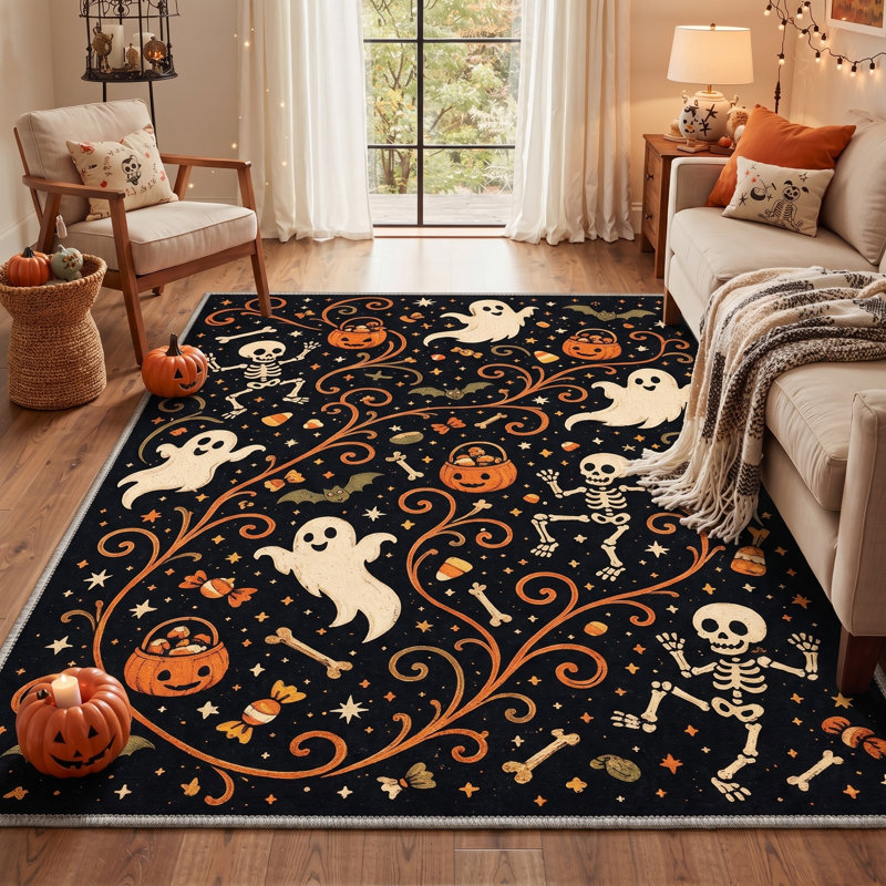 Tapis d'Halloween Spooky Icon, noir / orange, lavable à la machine, à poils courts, antidérapant, Rond 5 pi