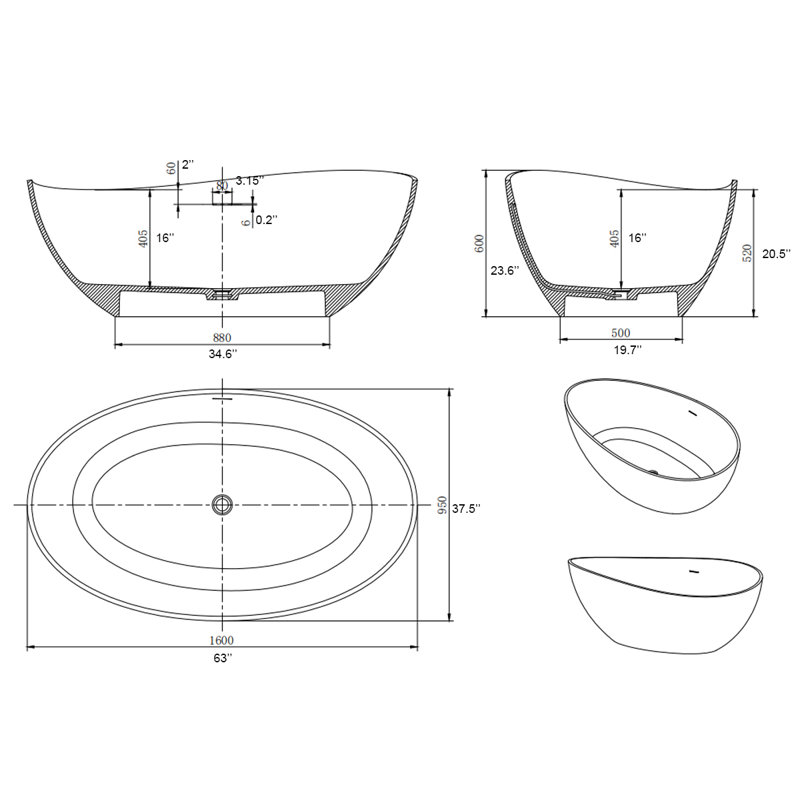 63'' x 37.5'' Soaking Solid Surface Bathtub