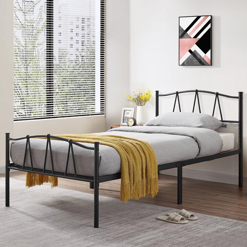 Structure de lit plateforme robuste en métal avec tête de lit simple, rangement sous le lit de 13,7 po, assemblage facile, aucun sommier tapissier requis