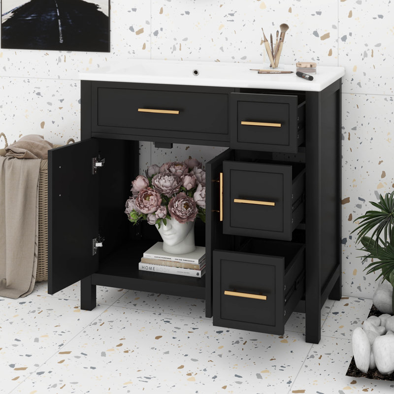 Ensemble de meuble-lavabo simple 36 po avec 3 tiroirs et portes, meuble-lavabo simple 36 po, Noir