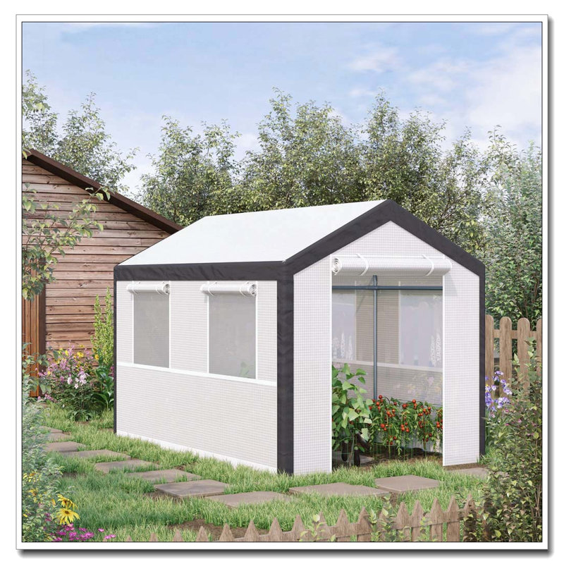 Outsunny 10' x 7' x 7' Walk-In Greenhouse, Outdoor Garden Warm Hot House with 4 Roll-up Windows, 2 Zippered Doors and Weather Cover, White