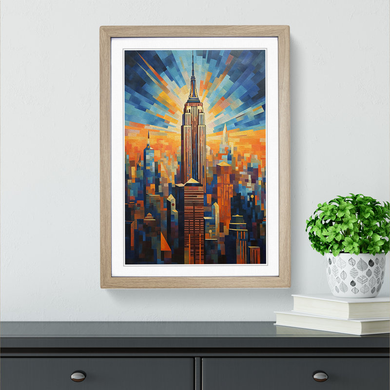 Empire State Building Expressionism - Single Picture Frame Print on Wood, Oak, 46cm H x 34cm W x 2cm D