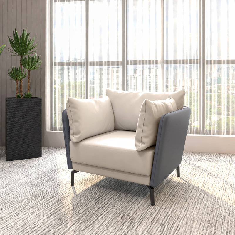 Devkran Upholstered Leather Accent Chair Single-Seater Sofa with Steel Legs, Beige/Gray Faux Leather