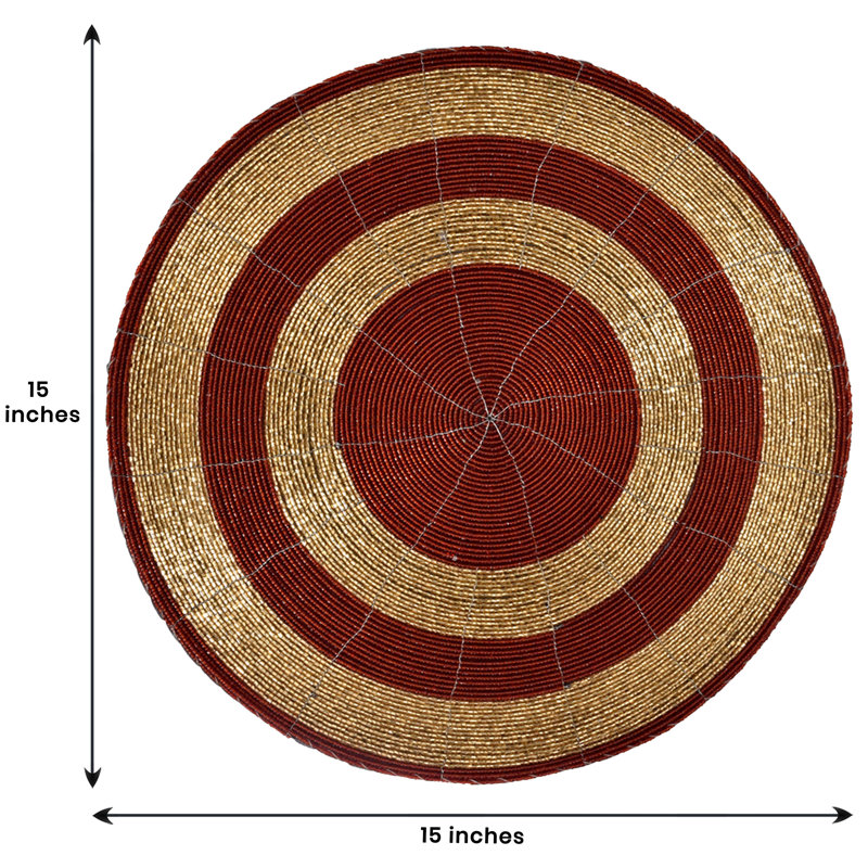 Penman Handmade Round Beaded Placemats Set of 4 – 14-inch Scratch-Resistant Table Decor Christmas Gift, Red Gold