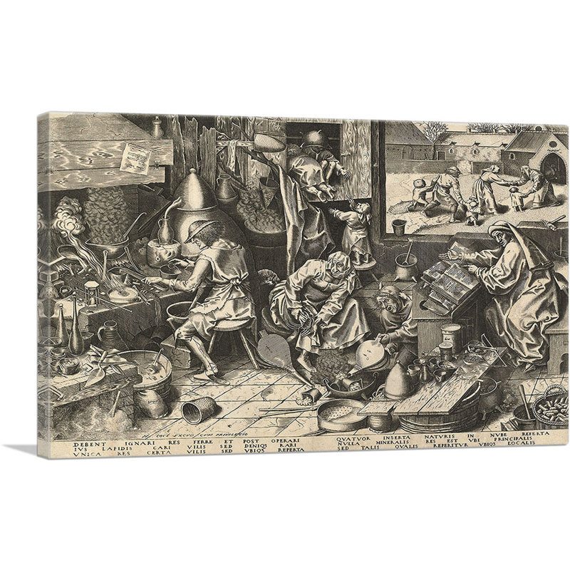 Reproduction d'art sur toile tendue, "The Alchemist" par Peter Bruegel l'Ancien, H 26 po x l 40 po x P 0,75 po