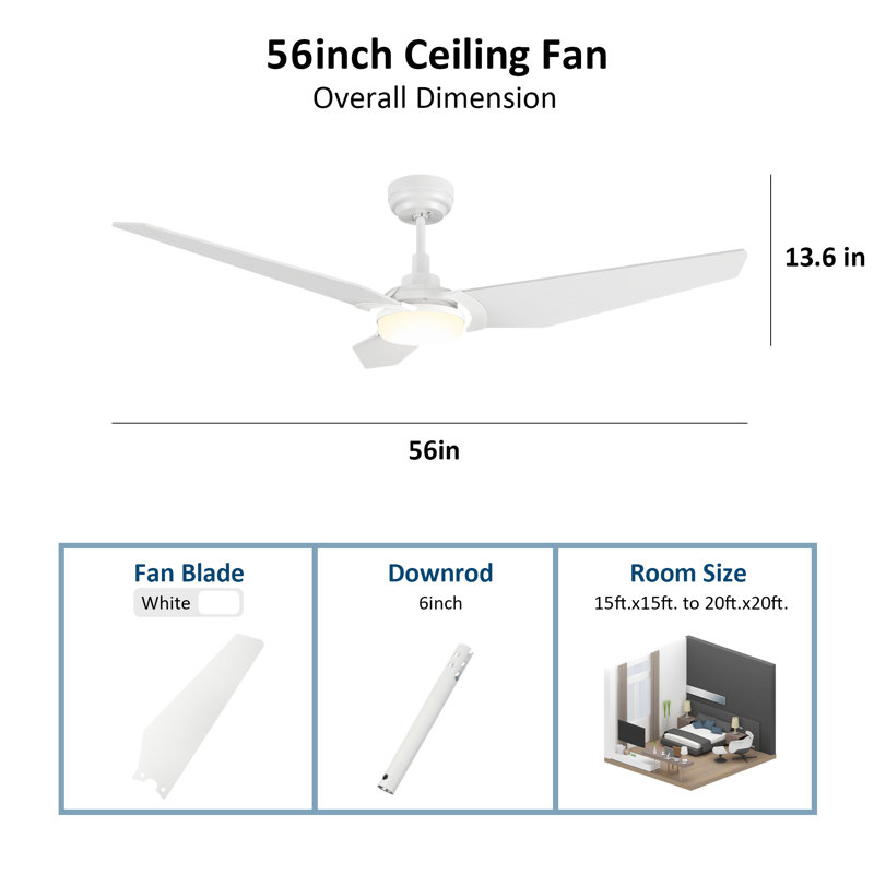56'' Ceiling Fan with LED Lights, White, White