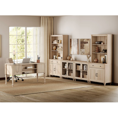 Ensemble de bureau et de meuble télé de style campagnard, centre de divertissement avec tablettes pour téléviseurs de 75 po ou moins, bureau d'écriture pour bureau personnel et salon, beige