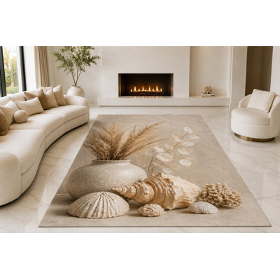 Tapis décoratifs coquillages côtiers « ultra-léger » de grande taille (201 cm x 300 cm) pour salon, chambre et bureau, doux et à poils courts avec envers antidérapant en silicone, beige et crème.