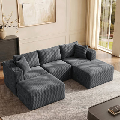Gray Corduroy Cloud Modular Sectional Sofa, Deep Seat Soft Frame Design, Configurable L and U Shape, No Assembly Required with 2 Ottomans for Living Room