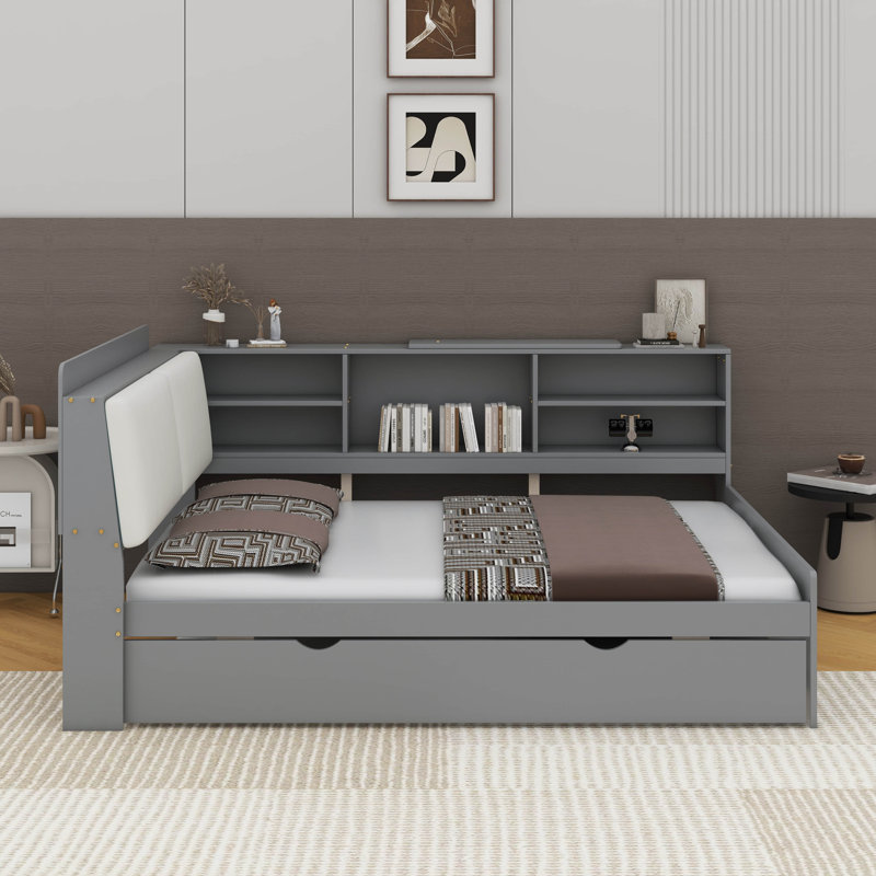 Lit plateforme double avec lit gigogne, tablettes et tête de lit, Gris