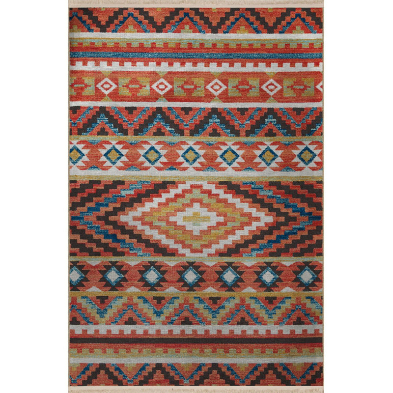Multi Color Ethnic Traditional Fringed Vintage Decorative Machine Washable Area Rug, Rectangle 5'1" x 7'7"