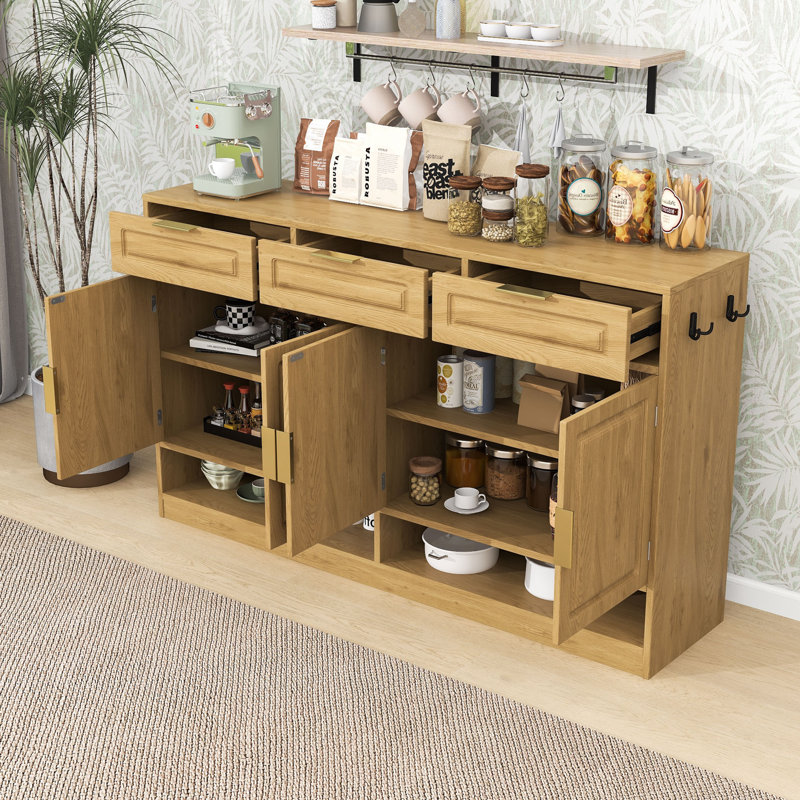 Buffet Farmhouse avec 3 tiroirs, tablettes réglables et rangement ouvert, Naturel