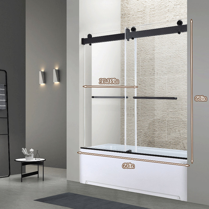 60"W x 60"H Double Sliding Shower Door | Tempered Glass | Fully Frameless | Installed On The Bathtub, Matte Black