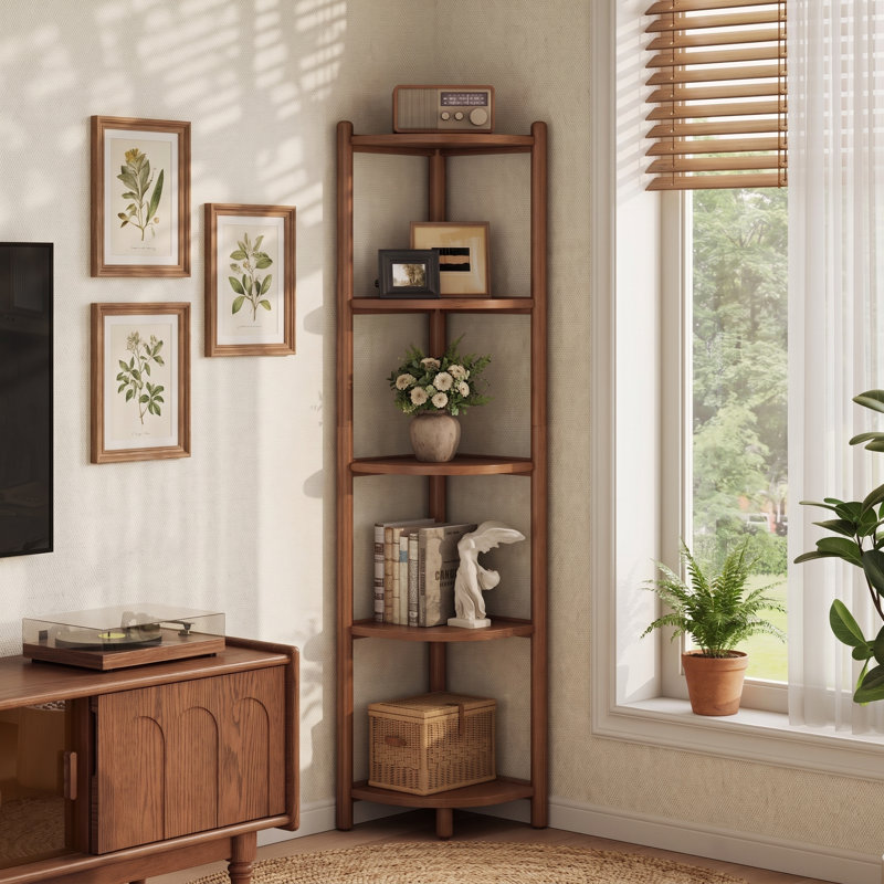 5-Tier Solid Wood Corner Bookcase with Open Display Shelves
