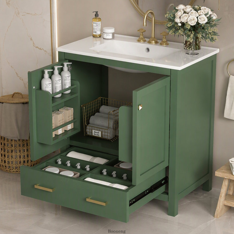 Meuble-lavabo vert 30 po avec lavabo simple, 2 portes et tiroir, fermeture douce