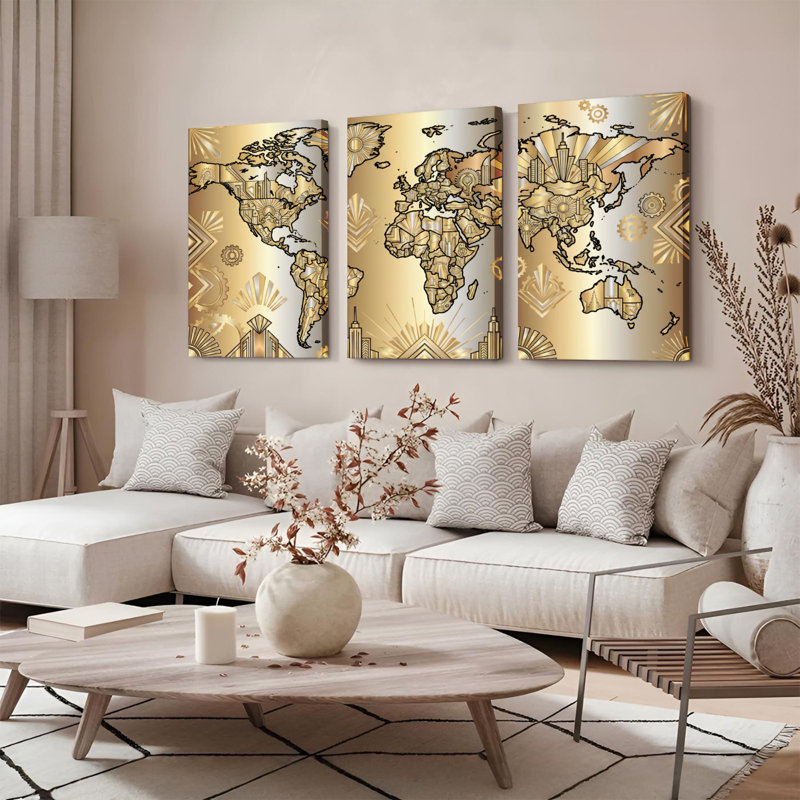 Ensemble de 3 tableaux muraux sur toile à motif Art déco représentant une carte du monde dorée, H 24 po x l 48 po
