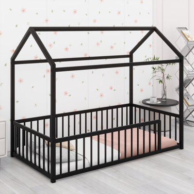 Montessori-Inspired House-Shaped Floor Bed Frame With Safety Fence