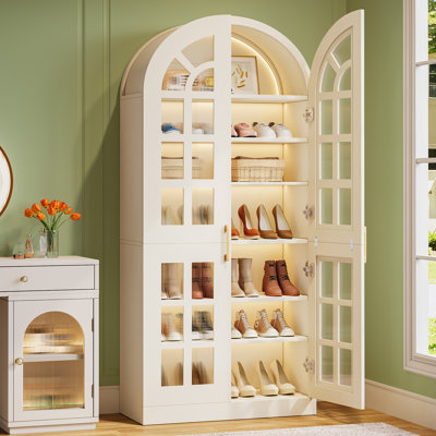 Armoire à chaussures de 70 po de hauteur avec portes et lumières à DEL, armoire de rangement à chaussures à 7 niveaux avec tablette réglable