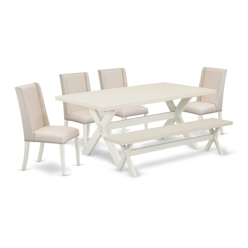 Ensemble de table de cuisine 6 pièces comprenant une table de salle à manger rectangulaire avec pieds en X et 4 chaises Parson en lin crème avec banc, multicolore