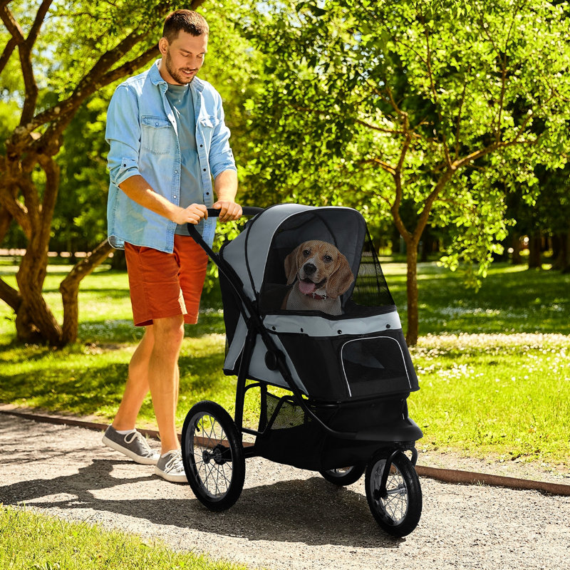 Petite à moyenne poussette pour chien avec 3 grandes roues, structure pliable, parasol réglable, attache, boîte de rangement, gris pour et chiens, laisse, bac,