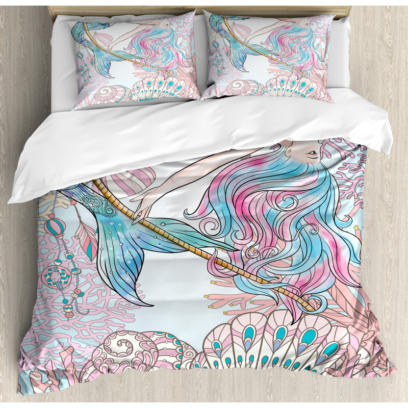 Mermaid Blue and Pink Polyester Queen Duvet Cover Set