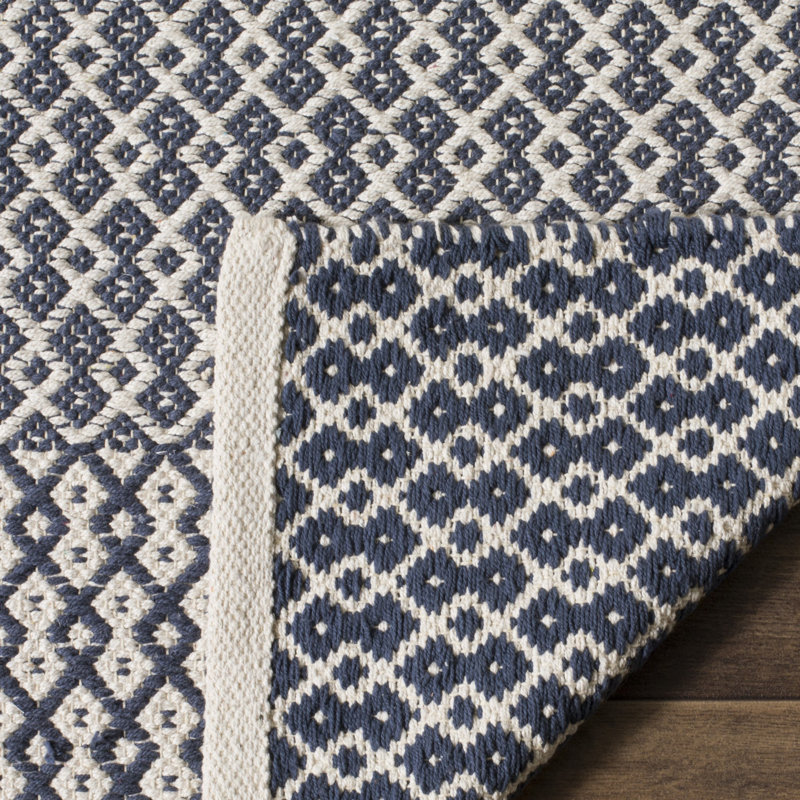 Tapis ivoire / bleu marine en coton tissé à plat à la main Bester, Carré 4 pi