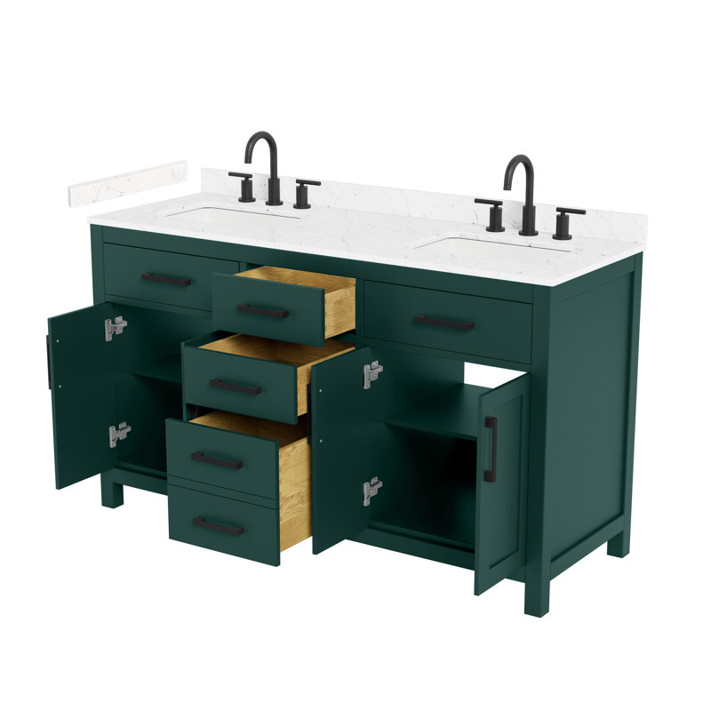 Meuble-lavabo double 60 po Beckett, Vert avec bordure noir mat, Comptoir en marbre de culture de Carrare