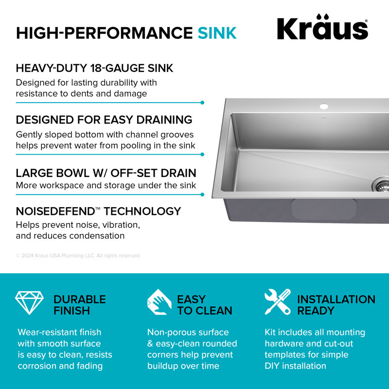 KRAUS Fairlane 18-Gauge Stainless Steel Kitchen Sink, 8" H x 33" L x 22" W, Single Bowl
