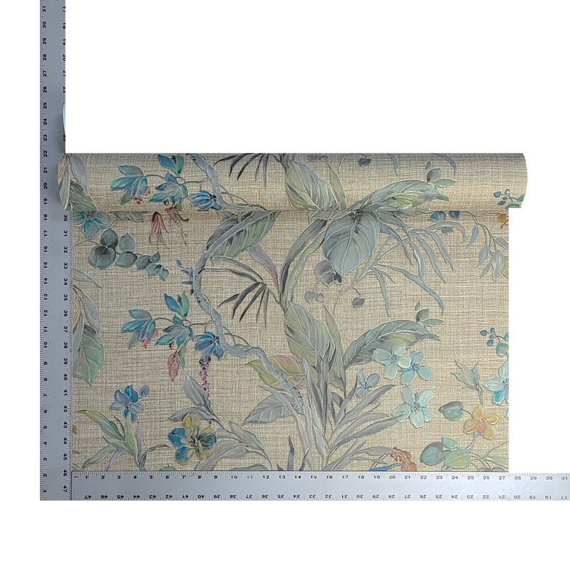 Papier peint texturé en simili-tissu brun, vert et bleu avec plantes florales