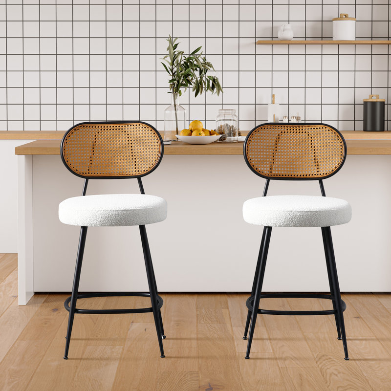 Tabouret de comptoir avec dossier en rotin, 2, Beige
