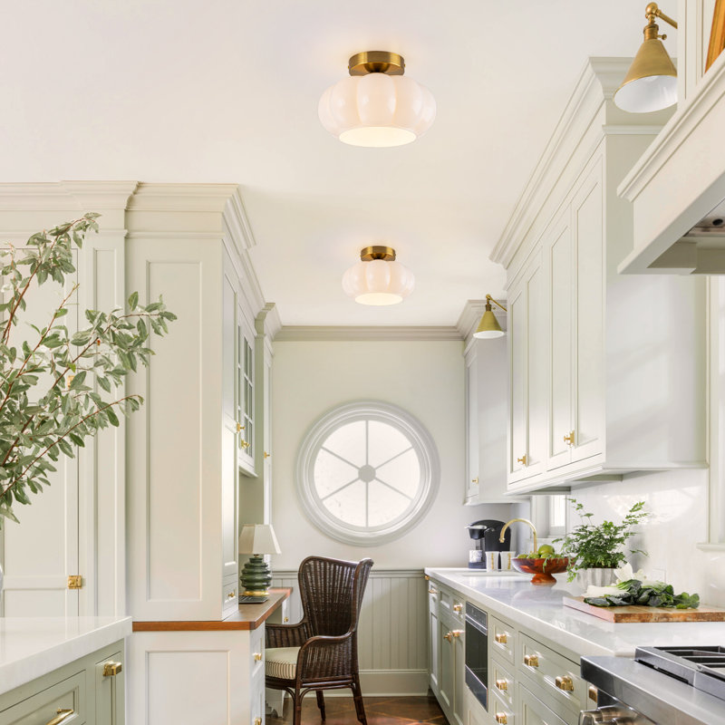 1-Light White Glass Semi Flush Mount, Gold