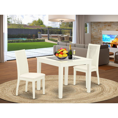 Ensemble de table de cuisine 3 pièces pour petits espaces comprenant une table de salle à manger carrée et 2 chaises en lin, blanc lin