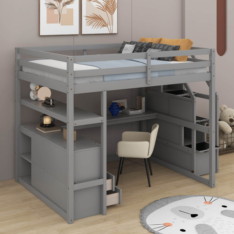 Lit mezzanine double avec bureau et tablettes, Gris