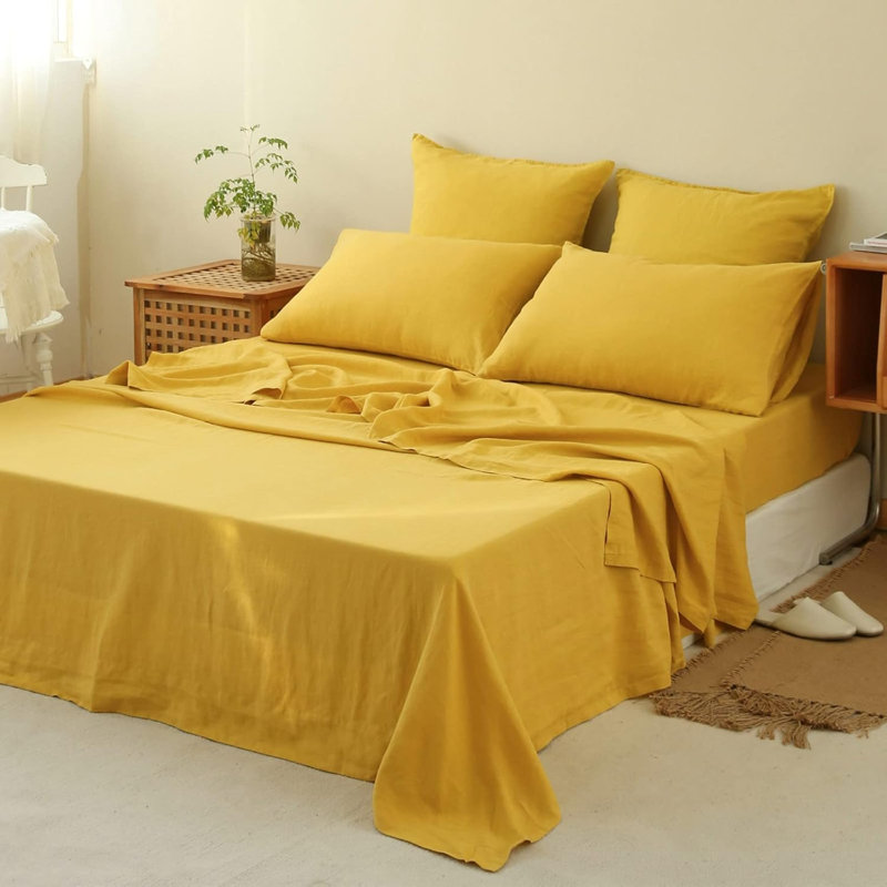 Simple&Opulence 100% Linen Sheet Set, Twin Sheet Set with 1 Pillowcase, Mustard Yellow