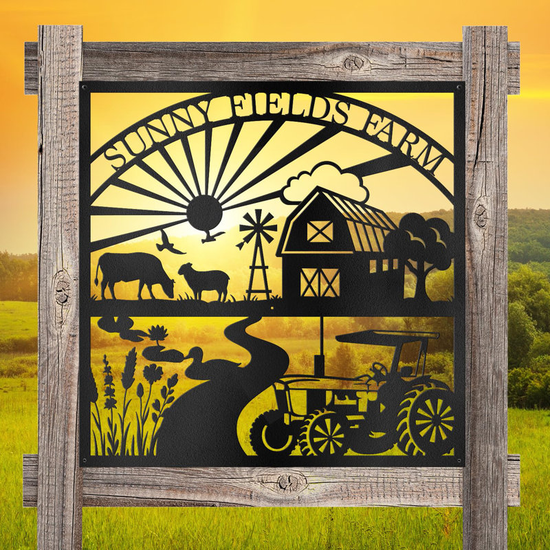 Custom Metal Name Sign Country Sunrise Farm Animals Wall Decor Farmhouse Windmill Wall Accent, 24" H x 24" W x 0.05" D, Black