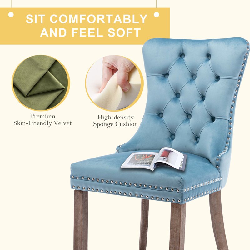 Light Blue Velvet Tufted Dining Chairs with Wood Legs, Set of 6