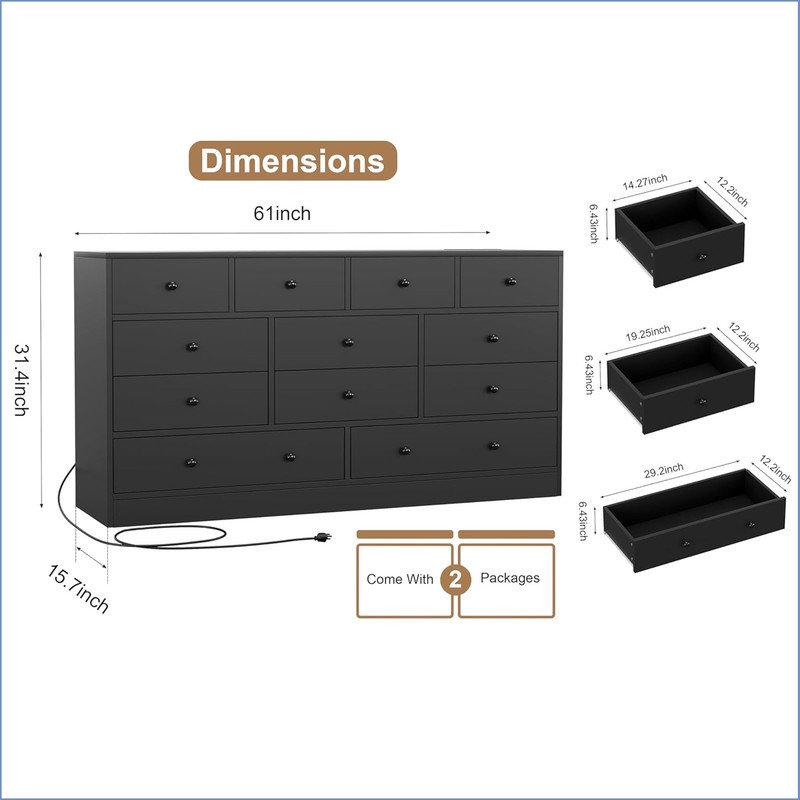 61 Inch Drawer Dresser for Bedroom,12 Drawer Dressers & Chests of Drawers, Wood Storage Drawer Dresser with Power Outlet