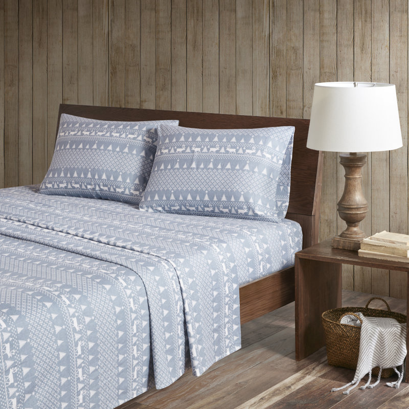 Woolrich 100% Cotton Flannel Sheet Set, Queen Sheet Set with 2 Pillowcases, Blue Winter Frost