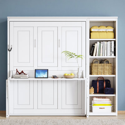Full Size Murphy Bed with Desk and Bookshelf, White