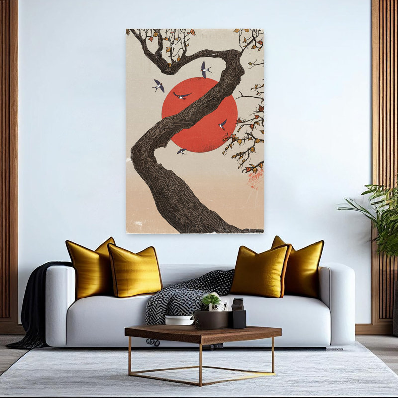 Contemporary Art Classic Elegant Retro Bird Bonsai Autumn Forest Wall Art - Wrapped Canvas Print, 152.4cm H x 101.6cm W
